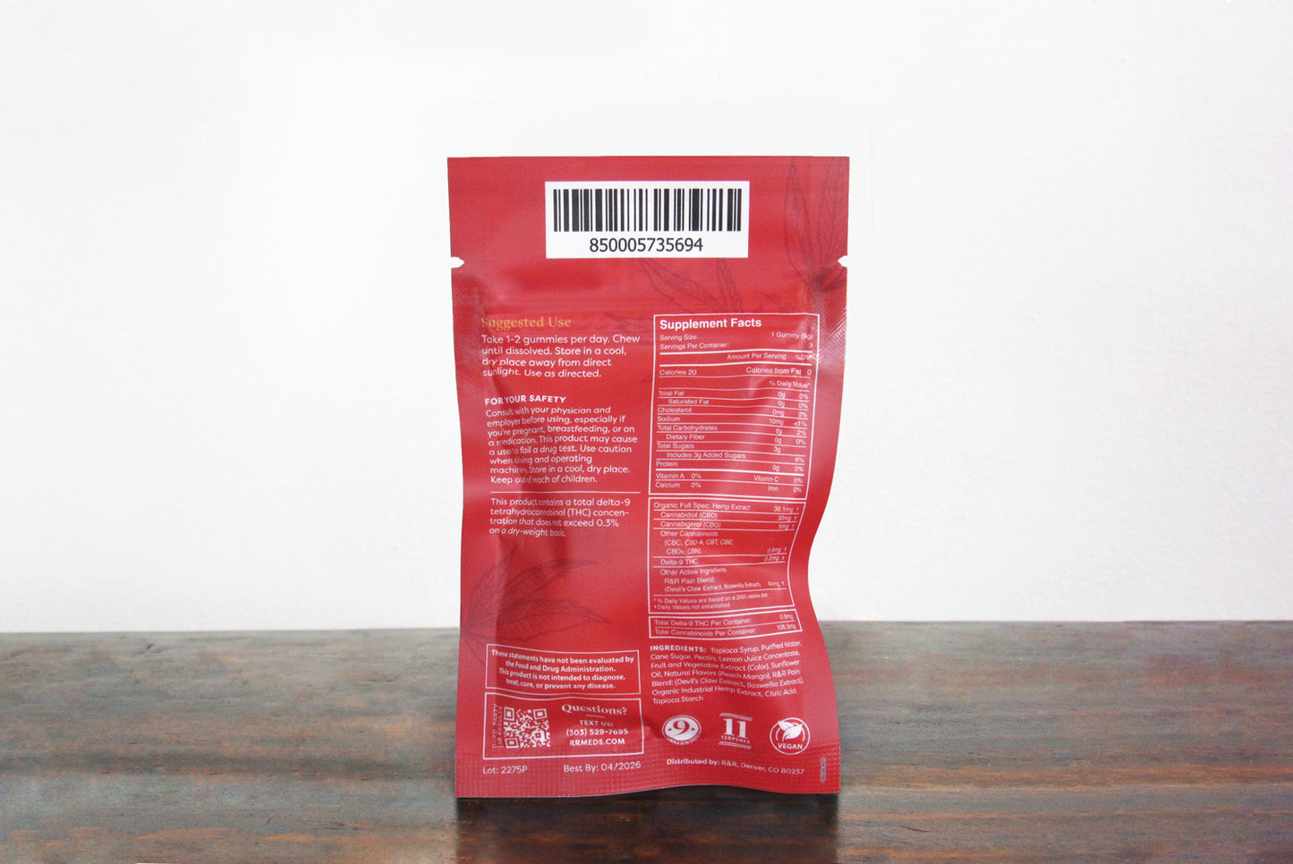 R&R Medicinals CBD Pain Gummy packaging showing the suggested use and supplement facts