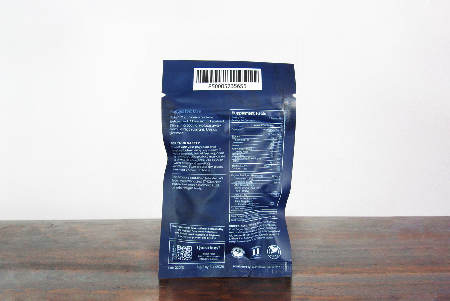 R&R Medicinals CBD Sleep Gummy packaging showing the suggested use and supplement facts