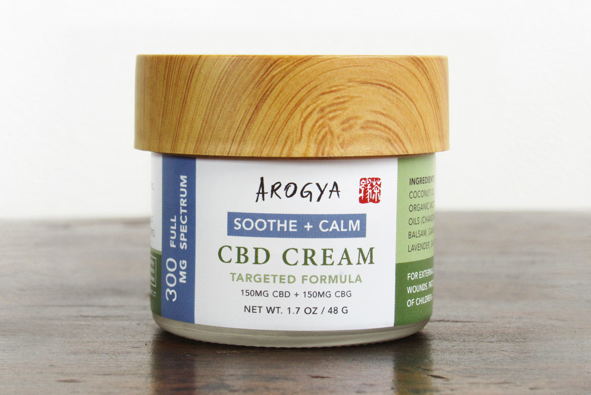 Jar of Arogya brand CBD Soothe + Calm cream